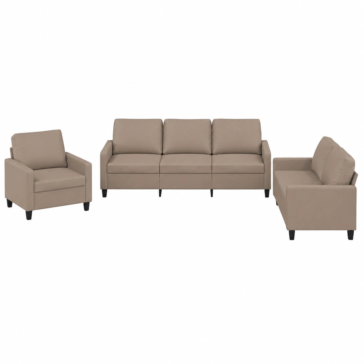 Moderne 3-teilige Sofagarnitur mit Sessel und Fußhocker, Kunstleder in Cappuccino-Braun