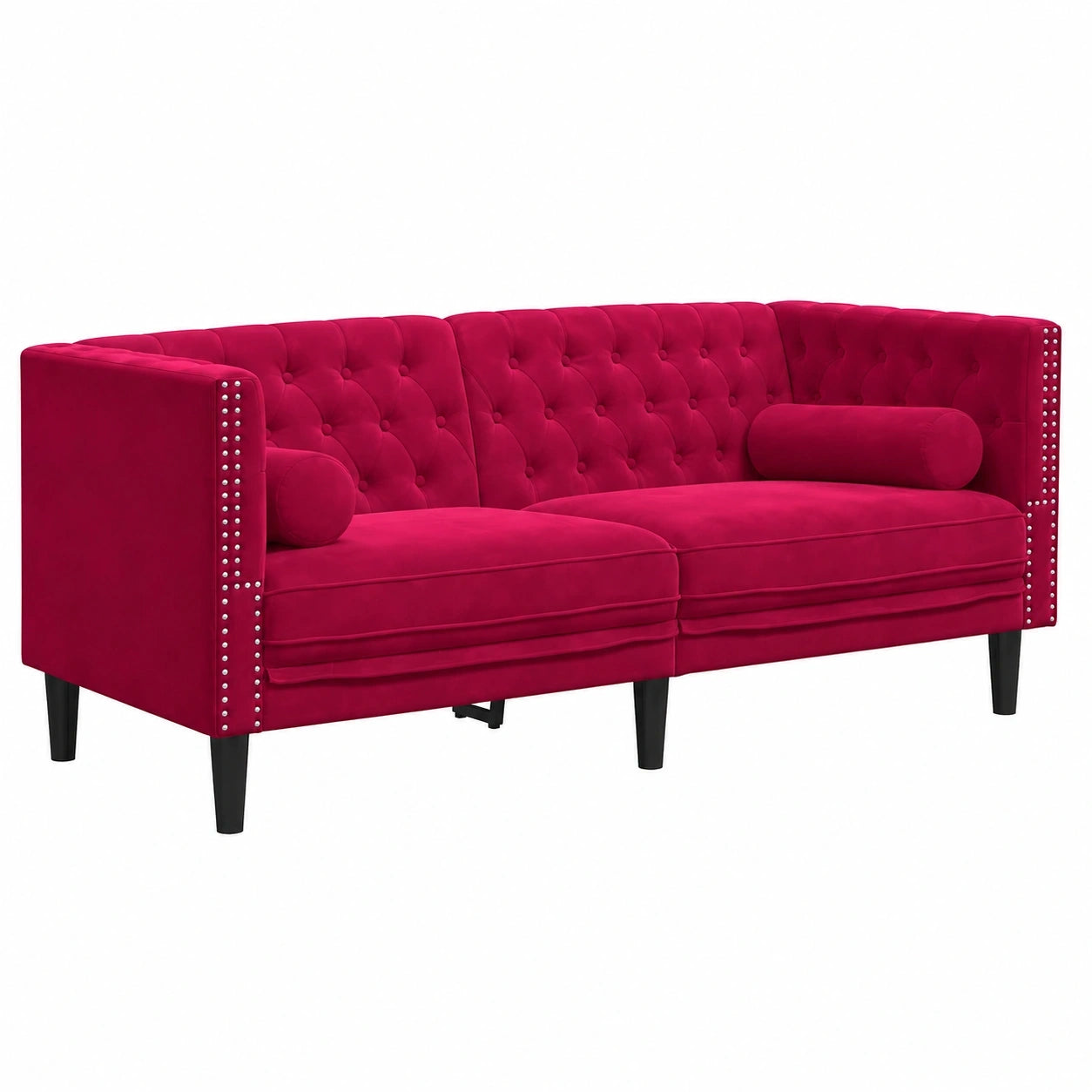 Elegantes Chesterfield 2-Sitzer Sofa in Weinrotem Samt mit Nackenrollen und Armlehnen