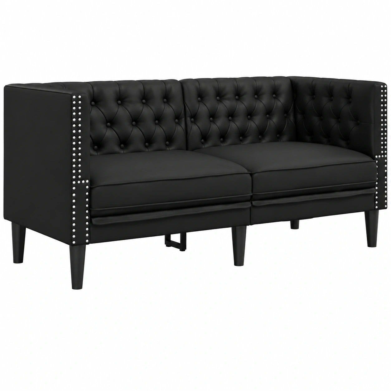 Chesterfield 2-Sitzer Sofa aus Kunstleder, schwarzes Polstersofa mit Armlehnen für Wohnzimmer