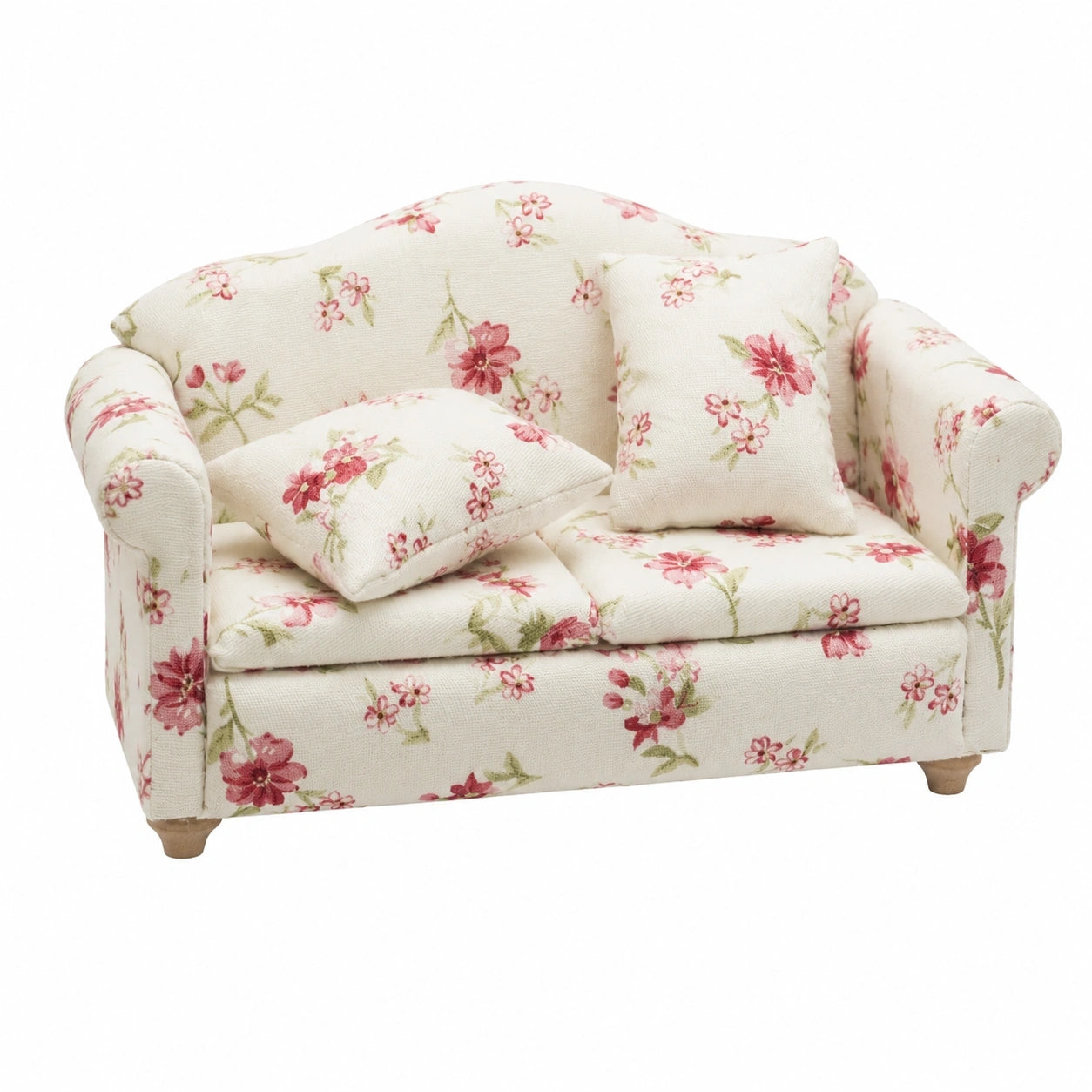 Miniatur Sofa für Puppenhaus im Maßstab 1:12 mit Blumenmuster und Kissen, Rot
