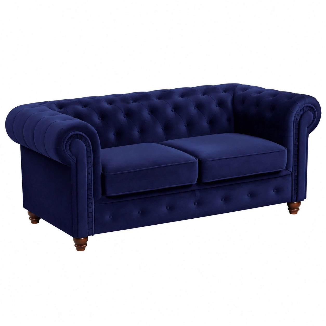 Chesterfield Sofa 2-Sitzer Asti mit Holzfüßen, Glamouröses Veloursofa Dunkelblau