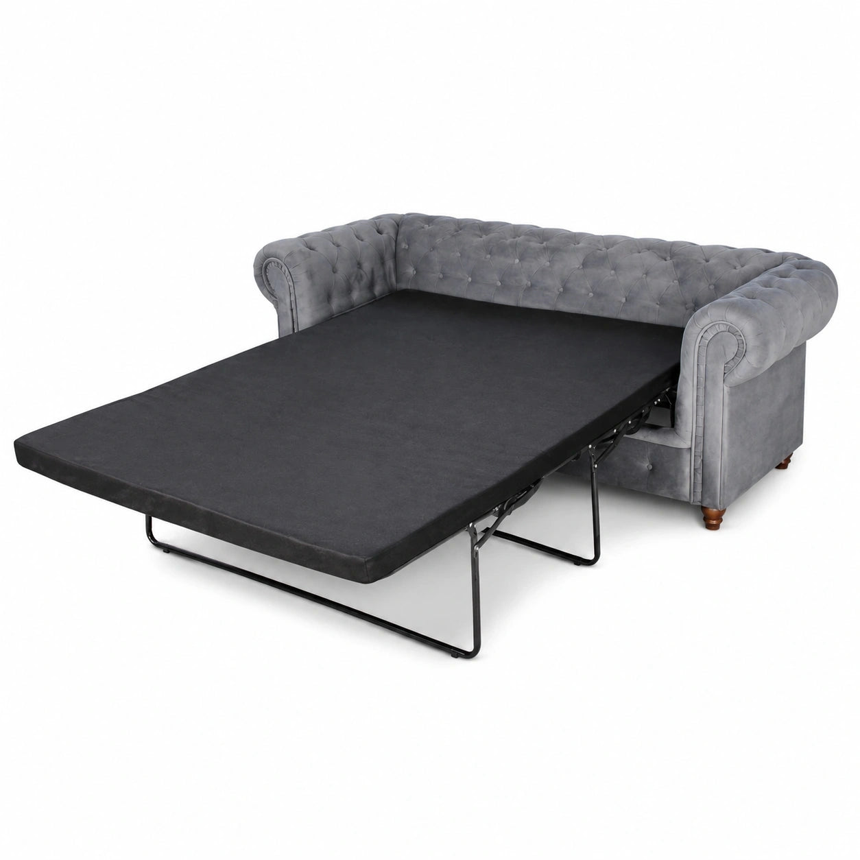 Elegantes Chesterfield Schlafsofa Asti, 3-Sitzer, mit Holzfüßen und Samtbezug in Grau