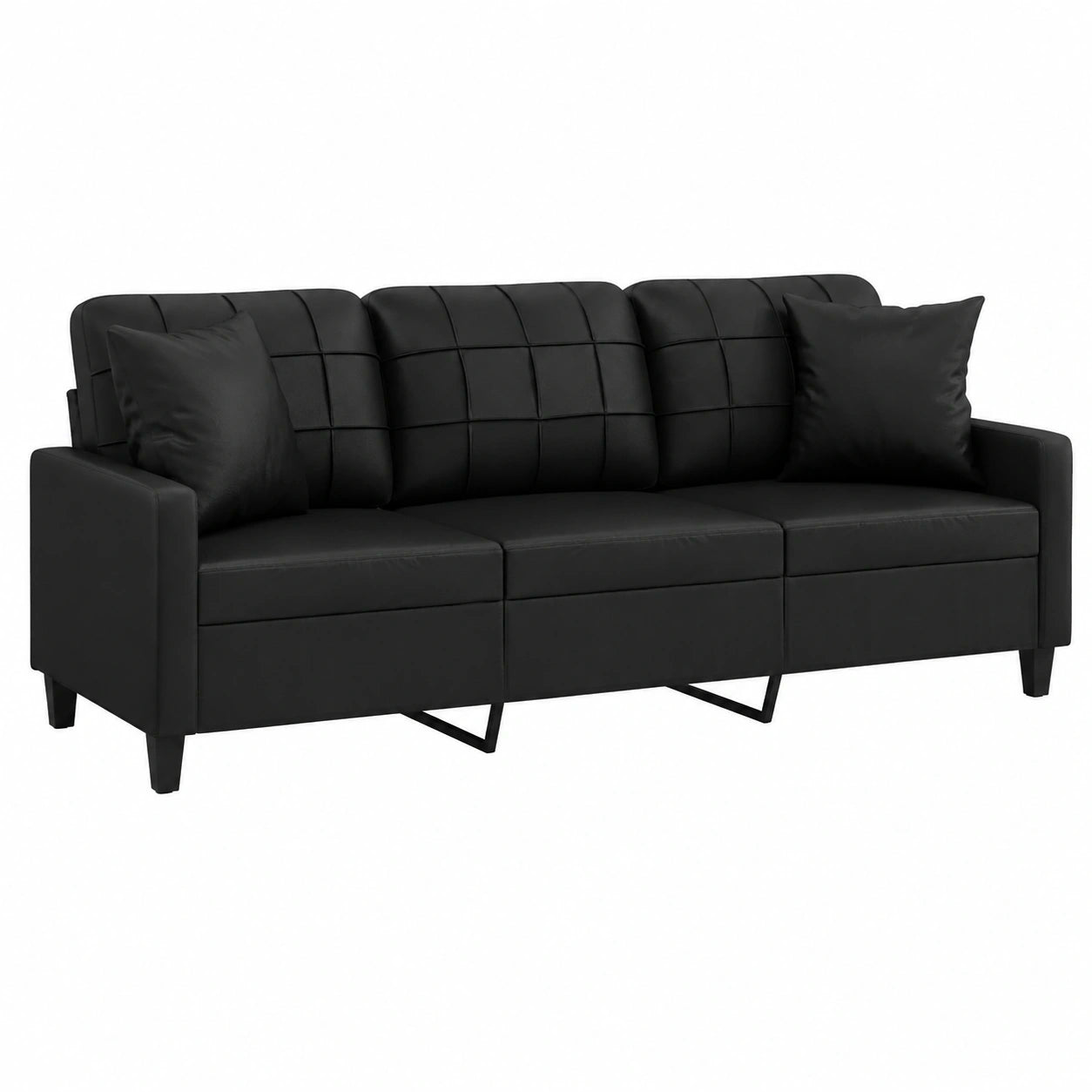 Modernes 3-Sitzer-Sofa aus Kunstleder mit Zierkissen, 180 cm, in Schwarz für Wohnzimmer oder Büro