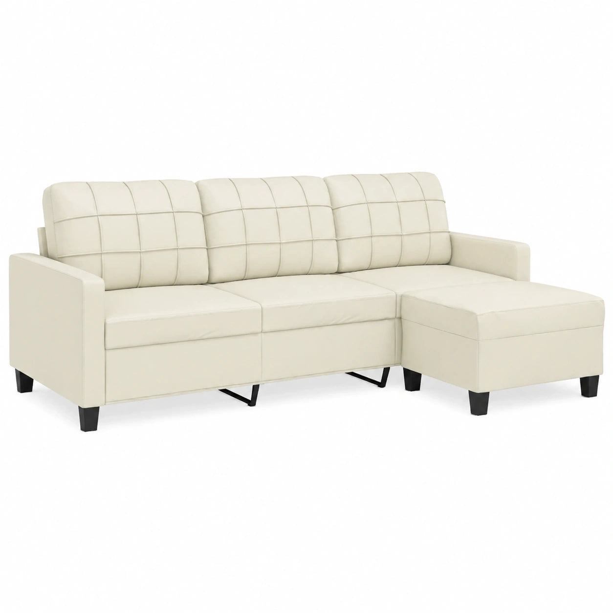 3-Sitzer Sofa aus Kunstleder mit Hocker, Modernes Relaxsofa für Büro und Wohnung, Creme, 180 cm