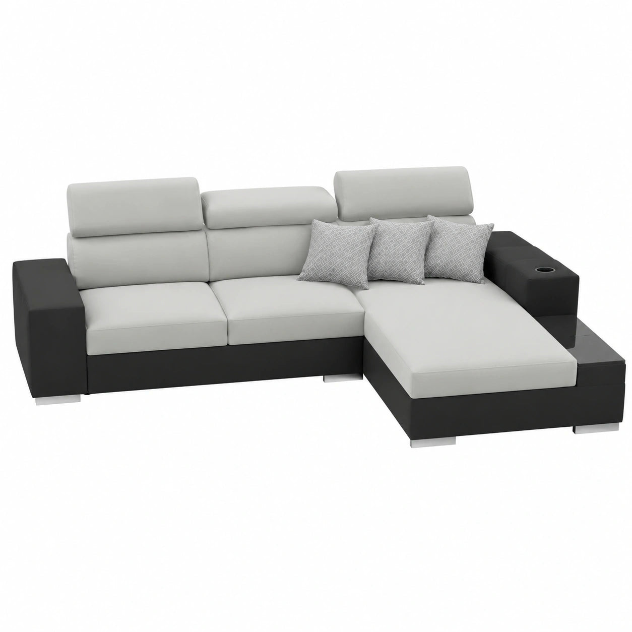 Ecksofa in L-Form mit Bettfunktion und Stauraum, Hellgrau und Schwarz, Rechts