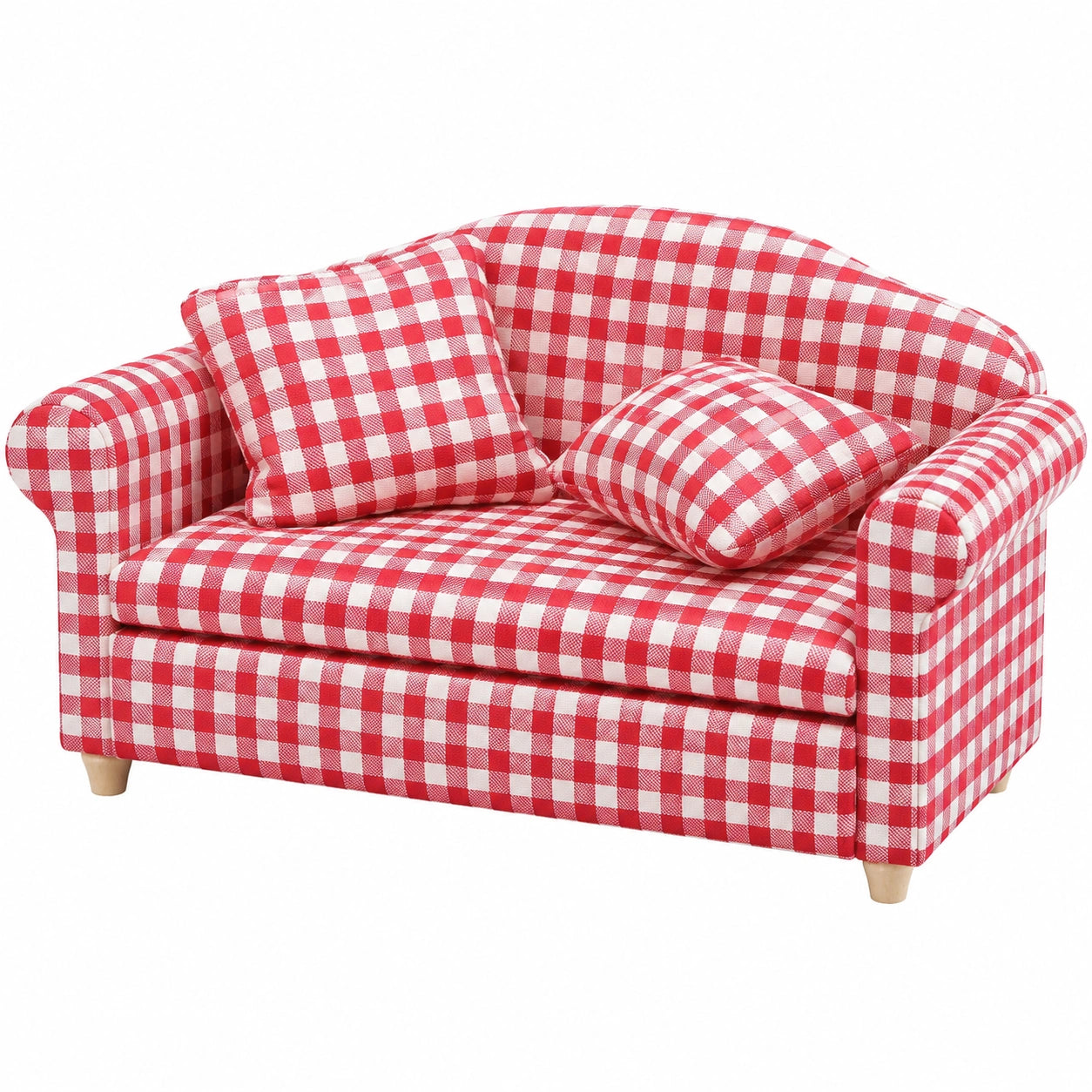 Odoria Puppenhaus Miniatur Sofa 1/12 Maßstab: Landhausstil Couch für Wohnzimmer & Schlafzimmer, mit Rotem Karokissen