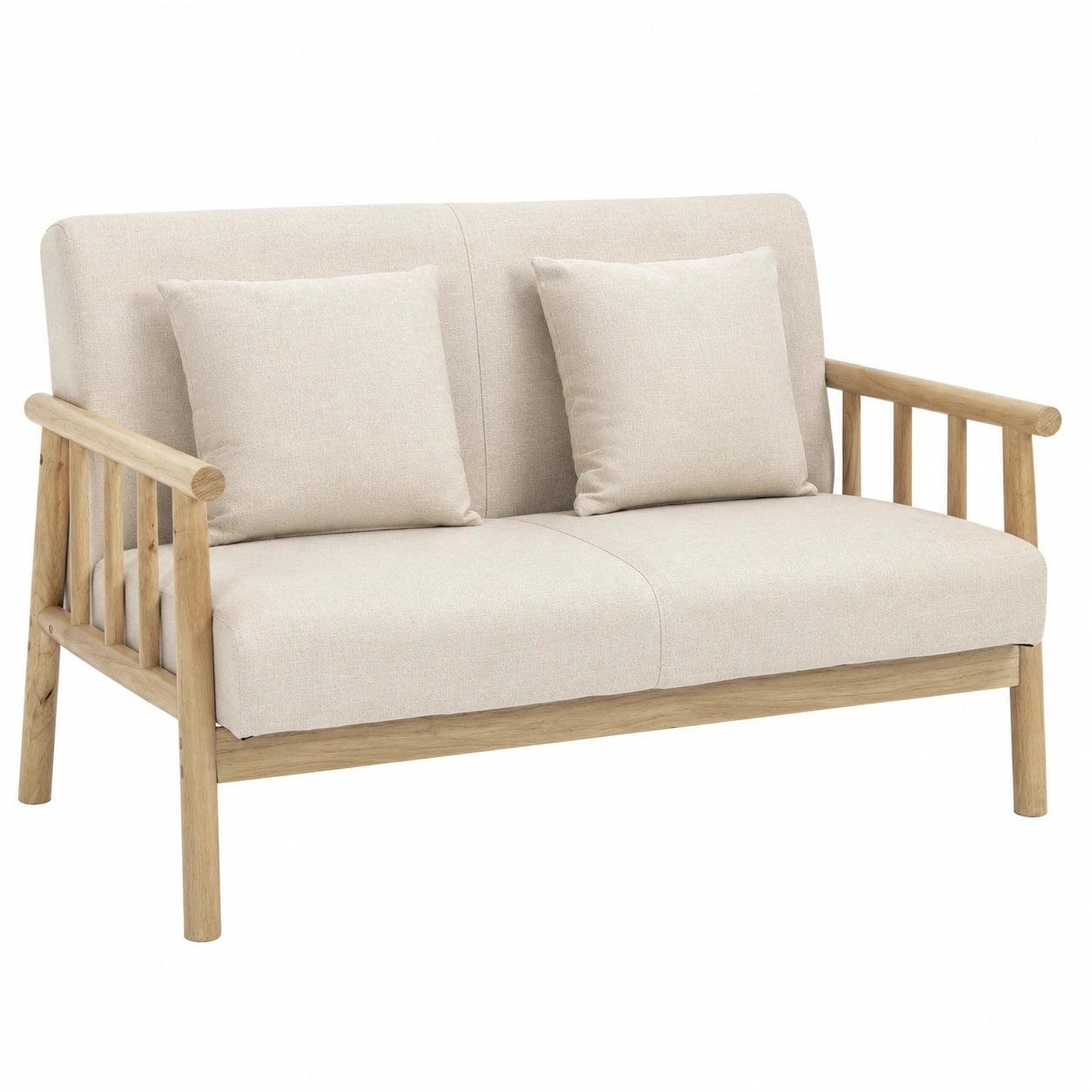 Modernes Zweisitzer-Sofa aus Leinen mit Holzrahmen und Lendenkissen, Beige