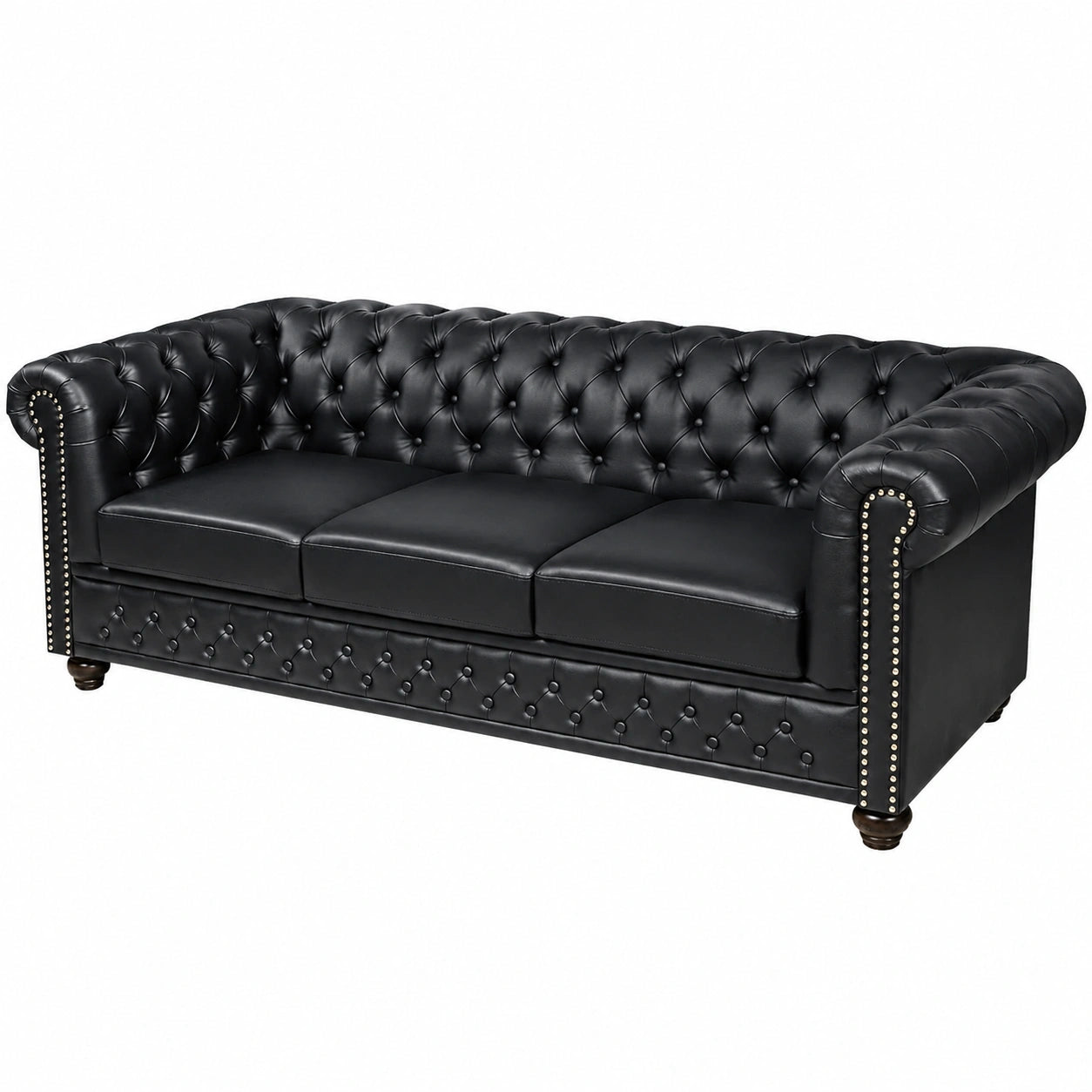 Chesterfield 3-Sitzer Sofa 205cm Schwarz aus Kunstleder mit Nieten und Federkern